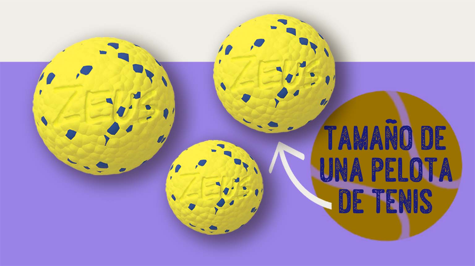 Tres tamaños diferentes de pelota Zeus Nitro, pequeña, mediana, grande. La pelota de tamaño mediano es del tamaño de una pelota de tenis.
