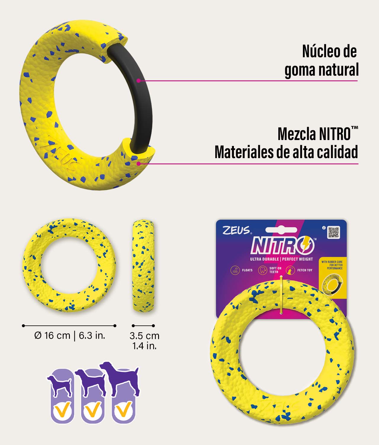 Anillo Zeus NITRO con núcleo de goma, apto para perros de todos los tamaños